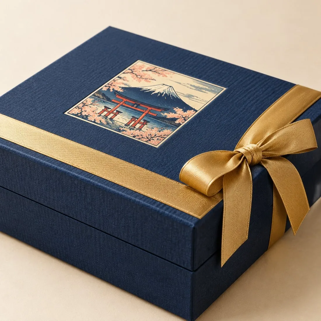 Closed rigid gift box with printed lid and gold ribbon