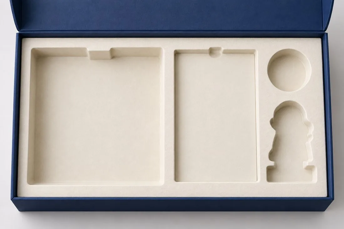 Rigid gift box with a die-cut paper insert tray, photographed from above