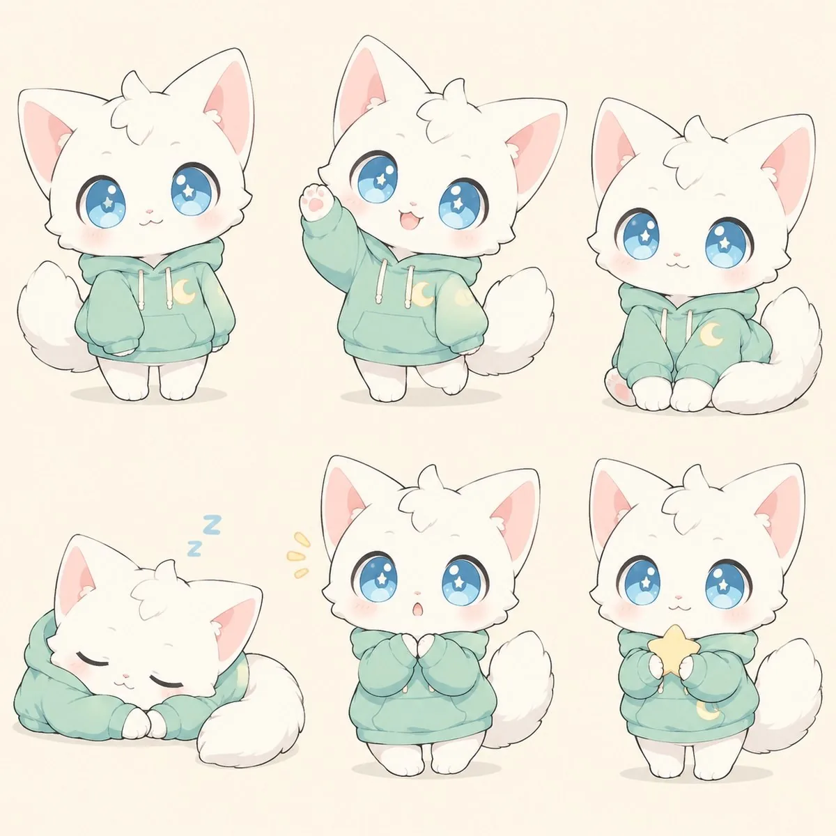 Sticker-sheet layout of the same character in six poses