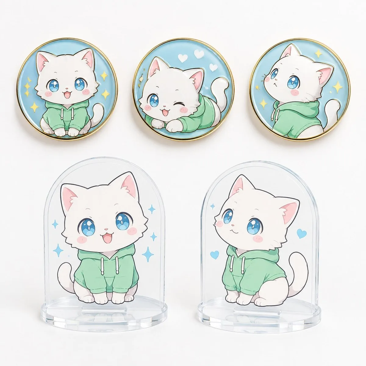 Badge and acrylic standee set with the same character