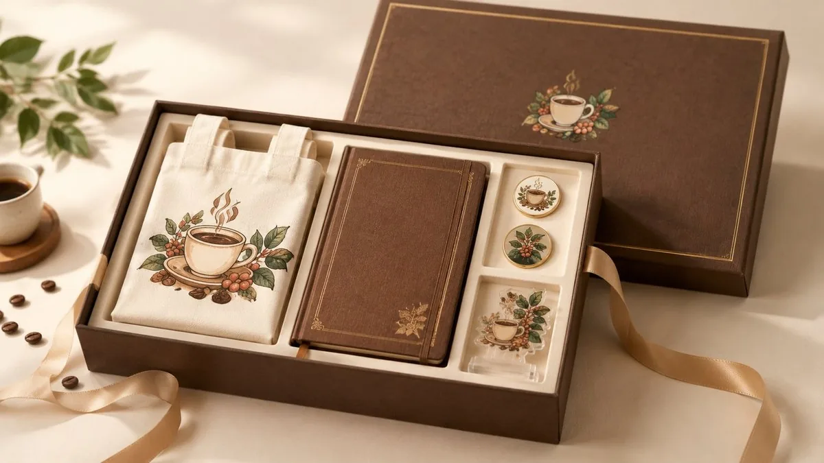 Café gift box set — bag, notebook, badges and standee