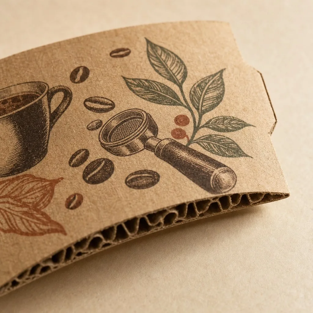 Kraft cup sleeve — die-cut edge and matte ink on kraft fibre