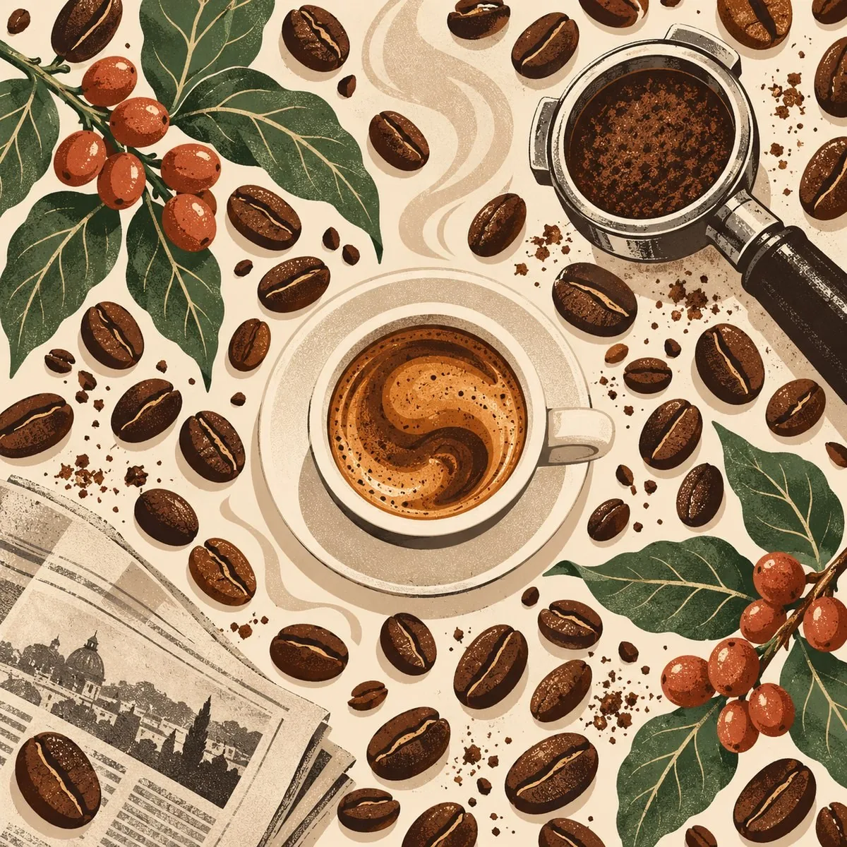 Coffee culture print — espresso cup, beans, portafilter and leaves