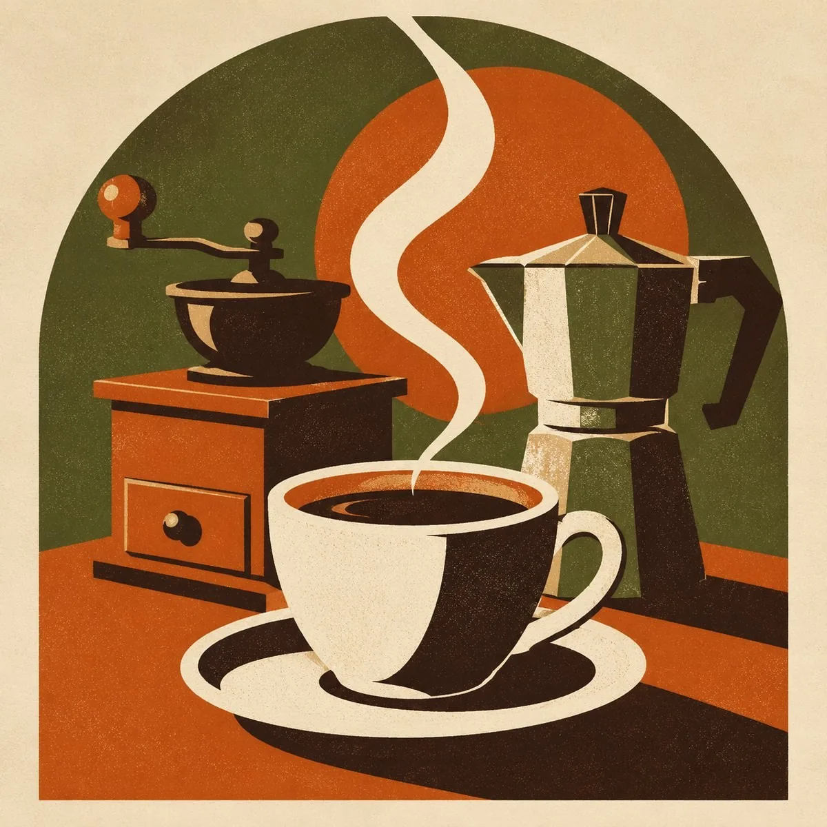Retro poster coffee print — cup, grinder and moka pot in an arch