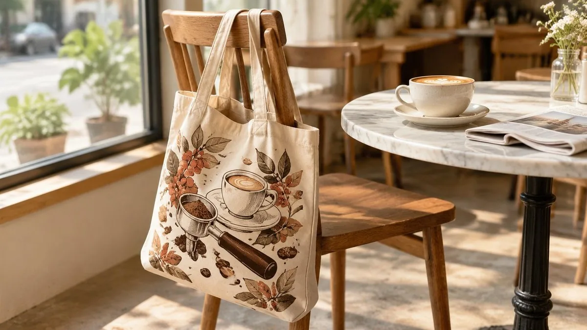Tote on a chair in a coffee shop