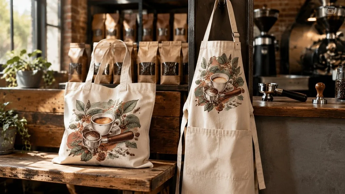 Tote and apron at a roastery counter