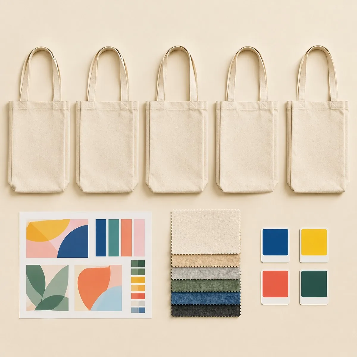 Blank bags with a colour proof and swatch stack