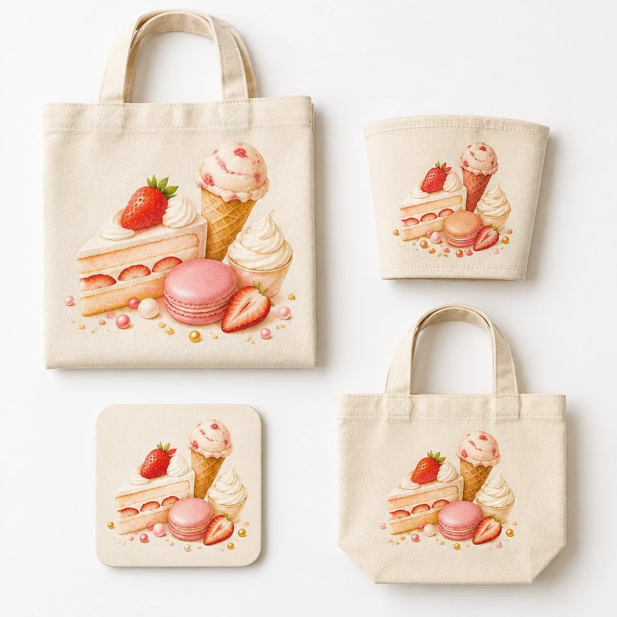 Six-piece dessert bundle — tote, lunch tote, sleeve, coaster, badges, standee