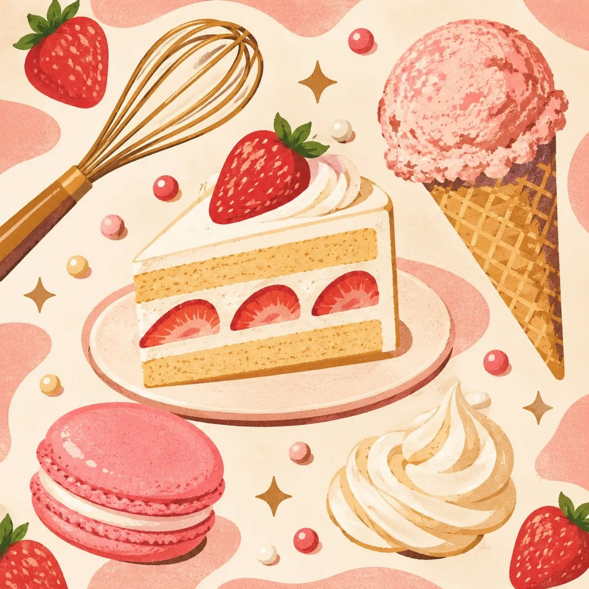 Patisserie print — cake slice, macaron, ice cream and pearls