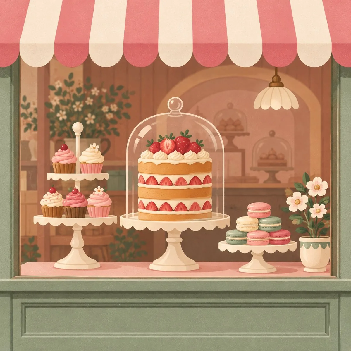 Retro cake-shop window poster with striped awning