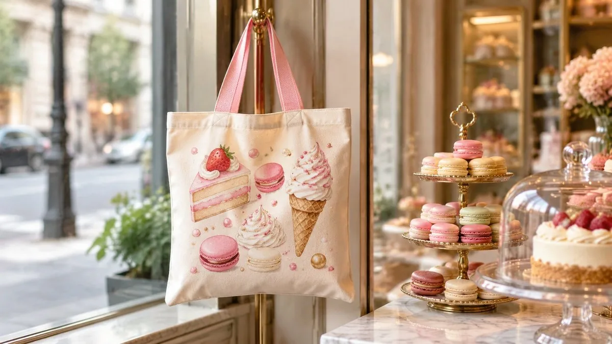Tote in a patisserie window display