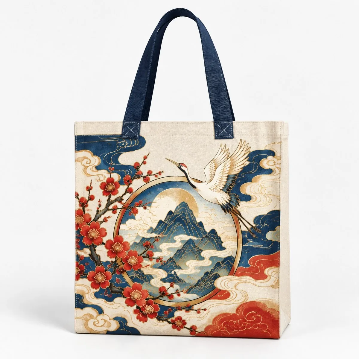 Canvas tote with guochao crane print
