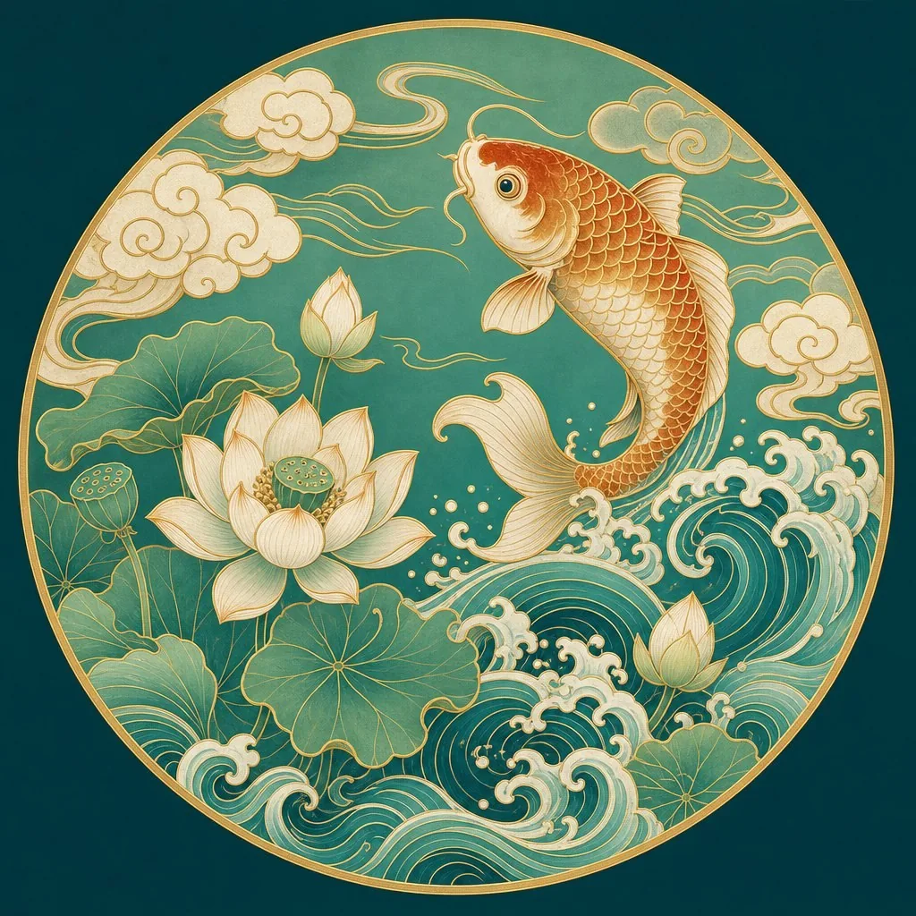 Guochao medallion — koi, waves and lotus in gold linework