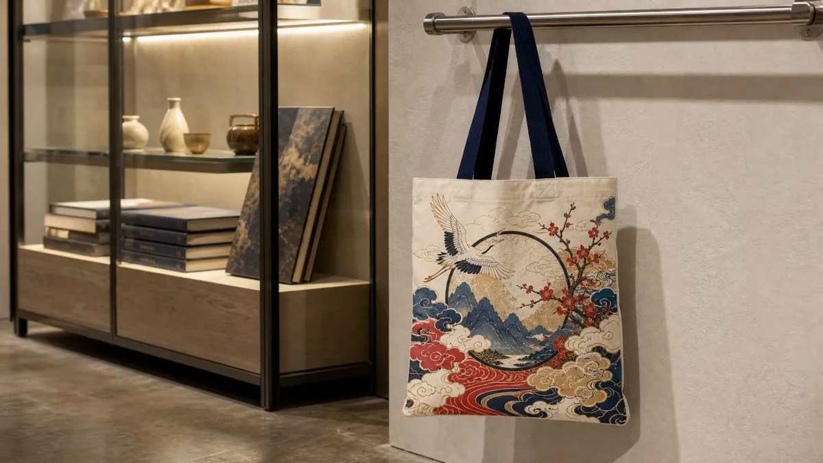 Tote on a rail in a museum gift shop