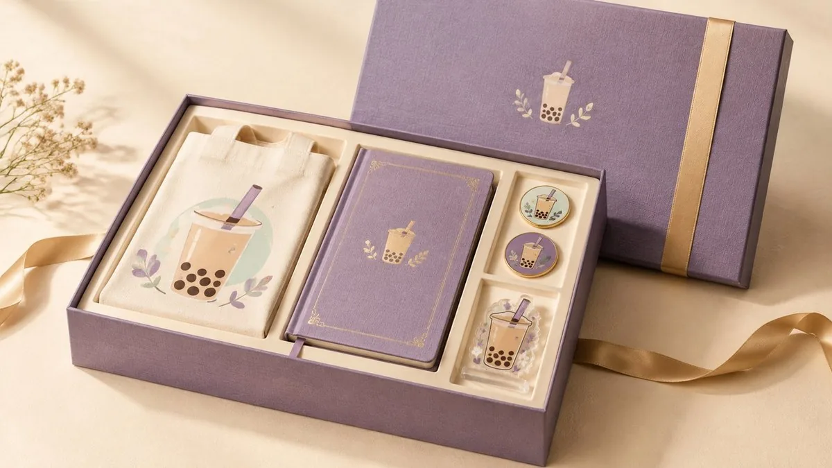 Bubble tea gift box set — taro-purple wrap, four fitted pieces