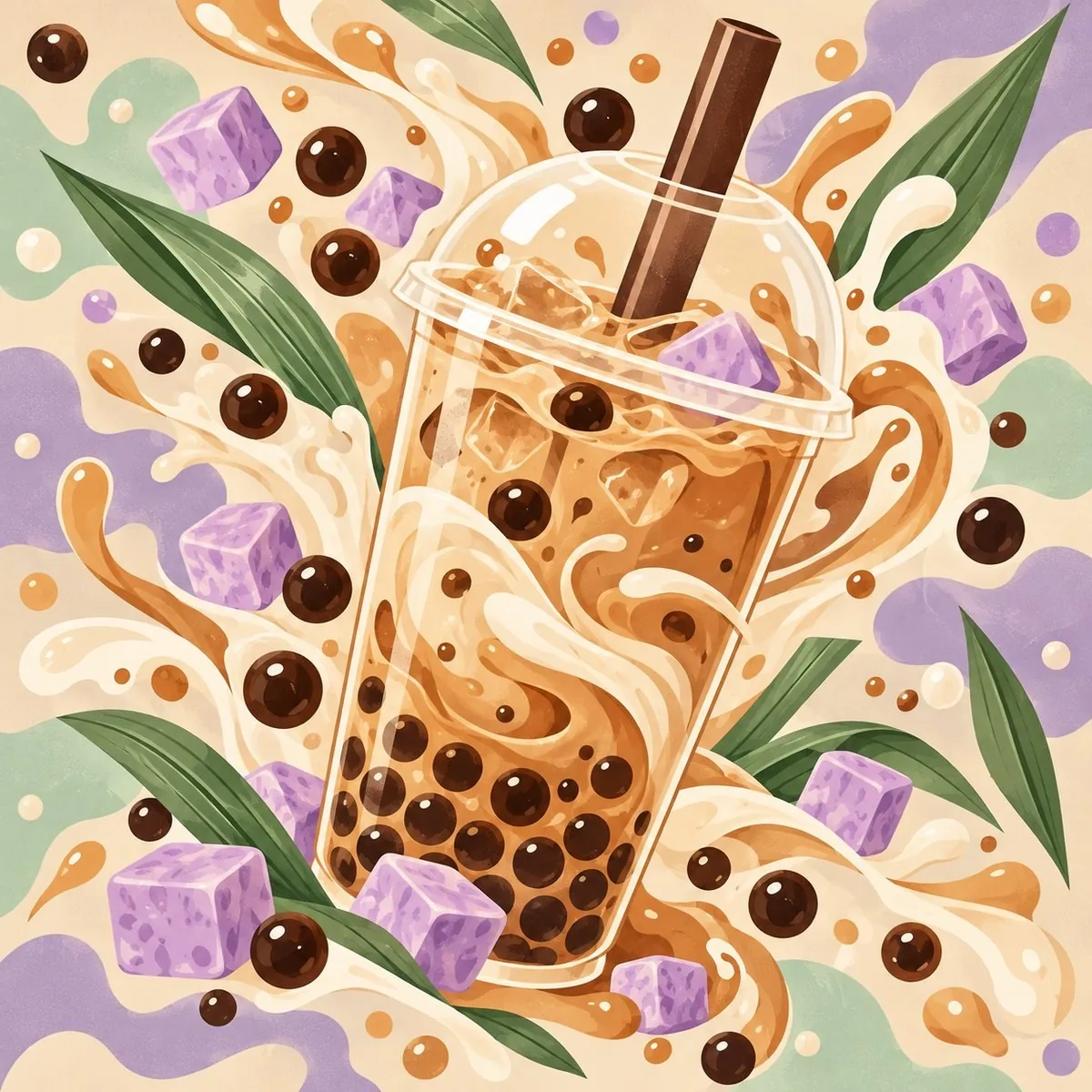 Bubble tea print — cup, pearls, taro and pandan leaf