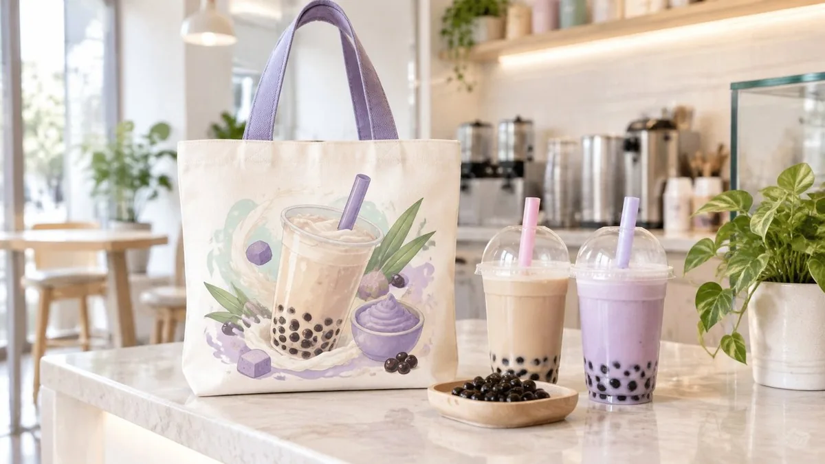 Tote on the counter of a bubble tea shop