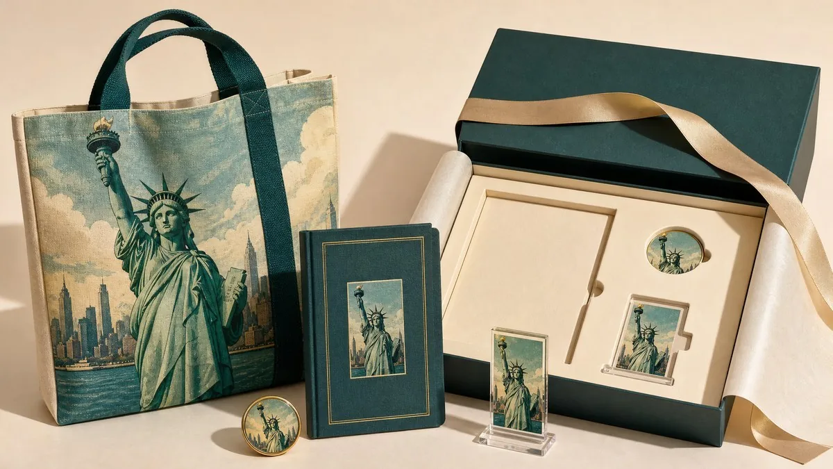 New York gift box set with tote bag, notebook, badge and acrylic standee