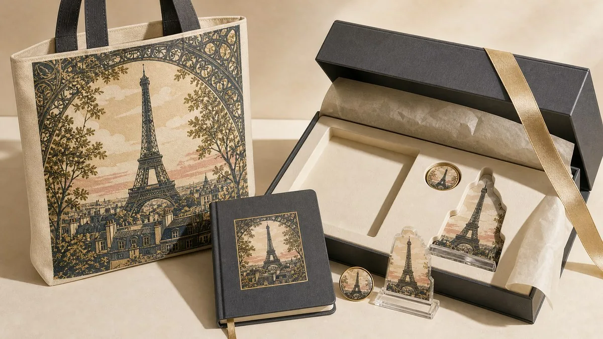 Paris gift box set with tote bag, notebook, badge and acrylic standee