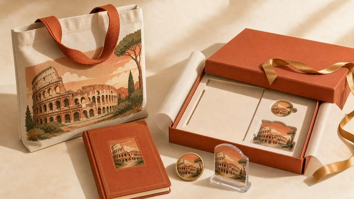 Rome gift box set with tote bag, notebook, badge and acrylic standee